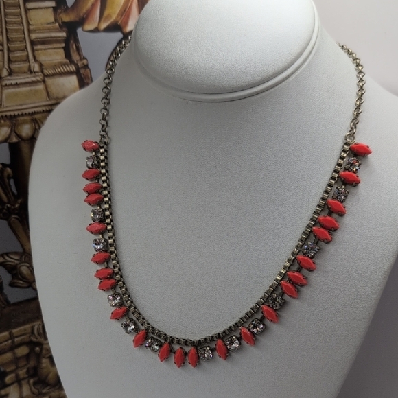 J. Crew Coral Pink & Rhinestone Statement Necklace - Muted Gold Tone - Picture 1 of 7